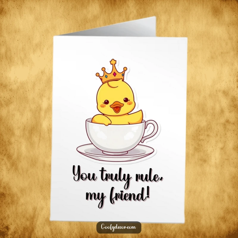 Funny free printable congratulations card: Delighted crowned rubber ducky sailing in a teacup, celebrating a grand achievement.