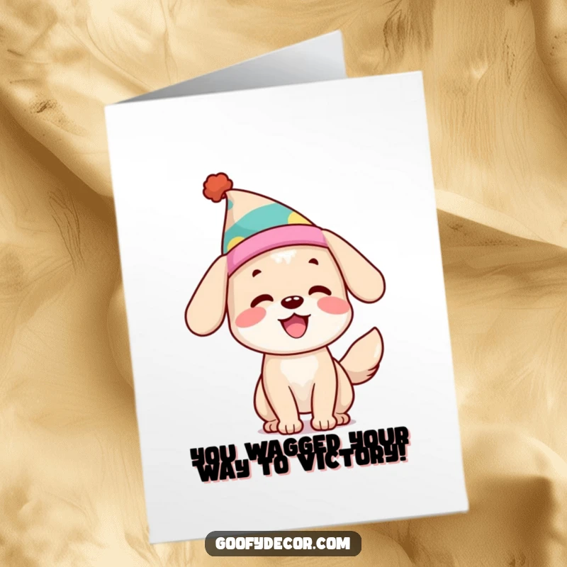 Funny Free Printable Congratulations Card: A happy, silly-hat-wearing dog wags its tail enthusiastically to celebrate your success.