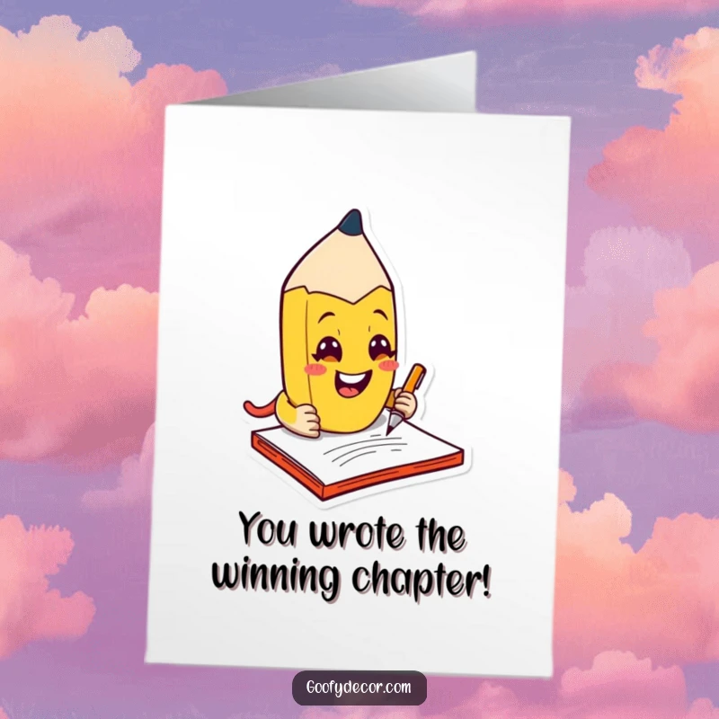 Funny Free Printable Congratulations Card: A kawaii mischievous pencil character grins as it scribbles enthusiastically on a notepad.