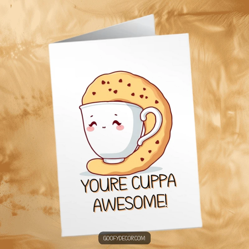 Funny Free Printable Congratulations Card: Shy teacup character hiding behind a giant biscuit. A sweet, downloadable card for any occasion.