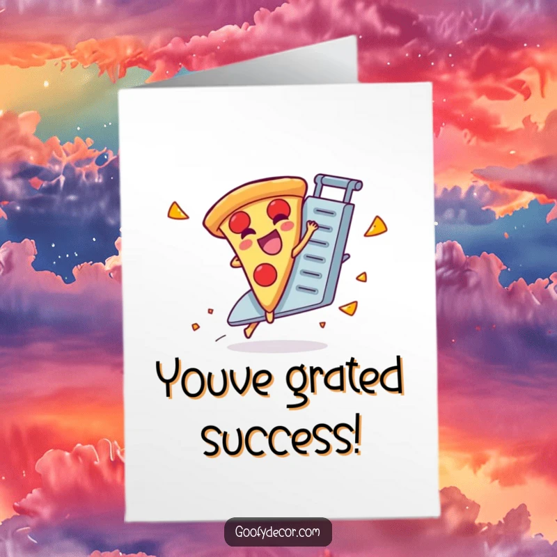 Funny Free Printable Congratulations Card: A giggling pizza slice gleefully rides a runaway cheese grater. Hilarious downloadable congrats.