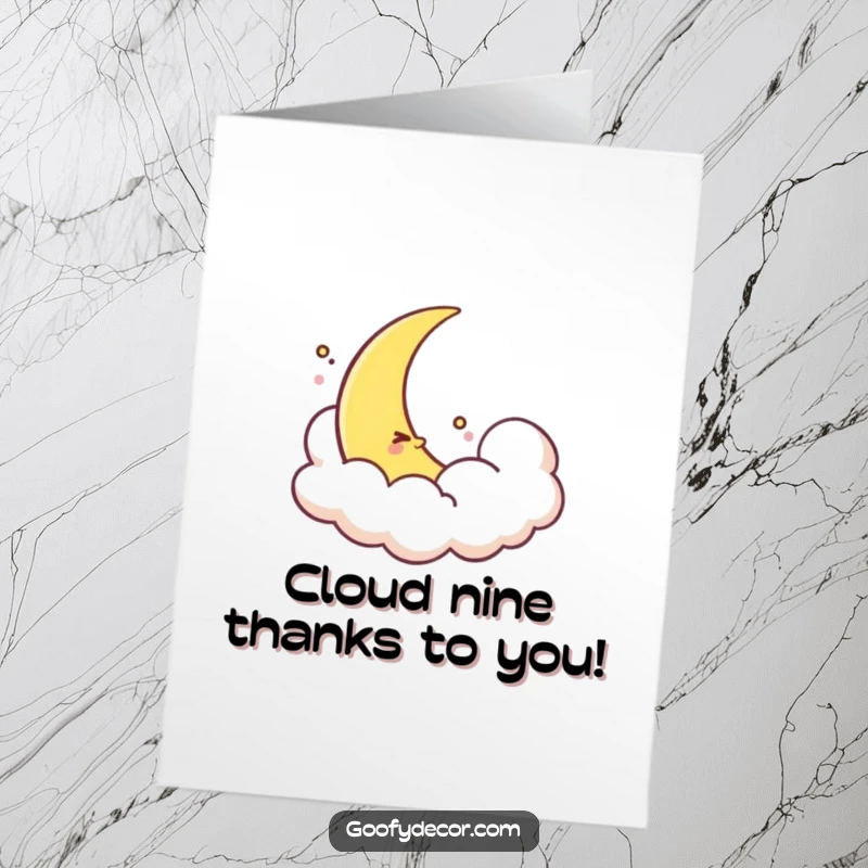 Gentle Free Printable Thank You Card: A shy crescent moon peeks playfully from behind a cloud to express thanks.