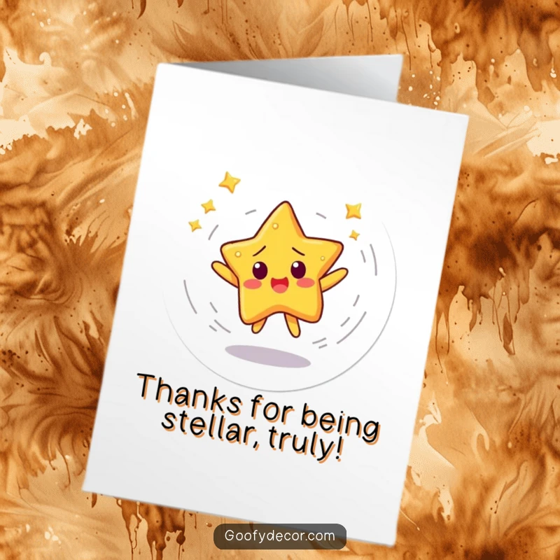 Funny Free Printable Thank You Card: Startled star character spinning in a dizzy dance, expressing thanks, downloadable art.