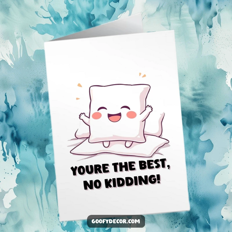 Funny free printable thank you card: Giggling pillow character bouncing with uncontrollable mirth, expressing soft, warm thanks.