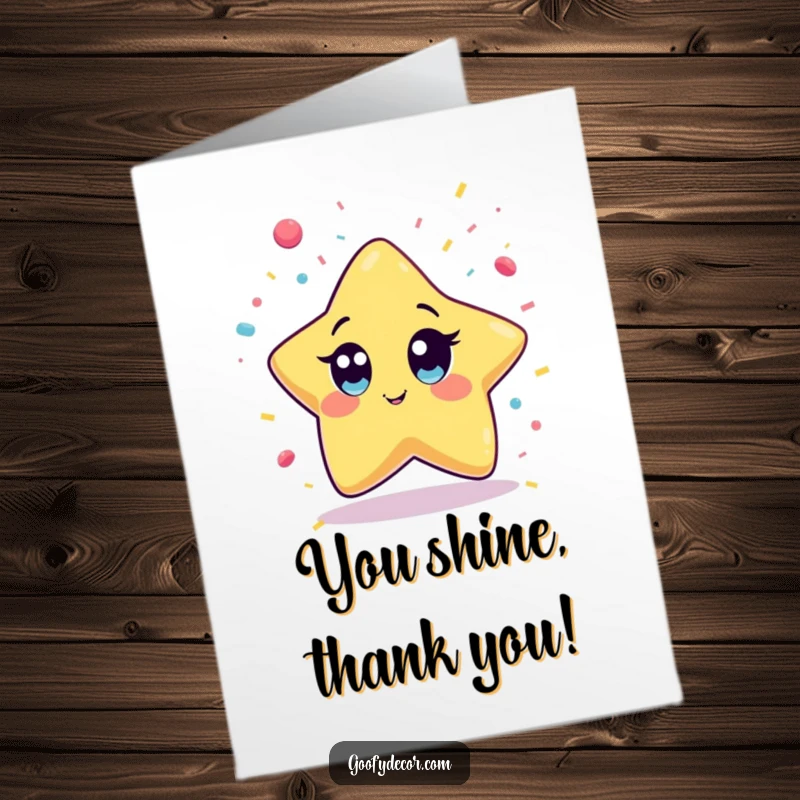 Funny free printable thank you card: A kawaii star character with wide eyes joyfully attempting to catch falling confetti.