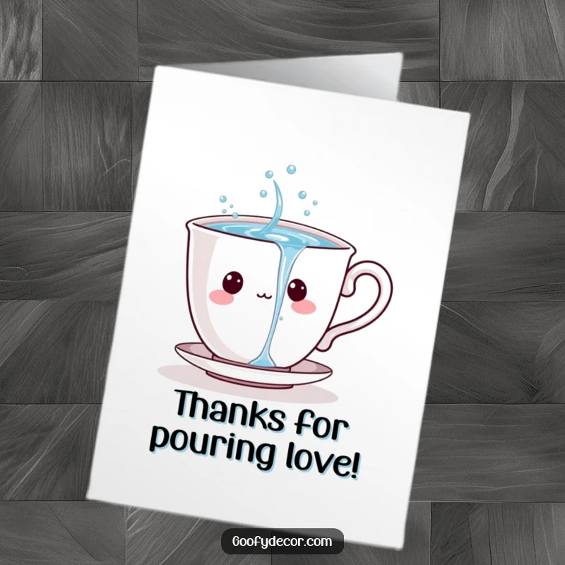 Funny Free Printable Teacup Thank You Card: A cheerful teacup character pouring sparkling water, conveying bubbly thanks.