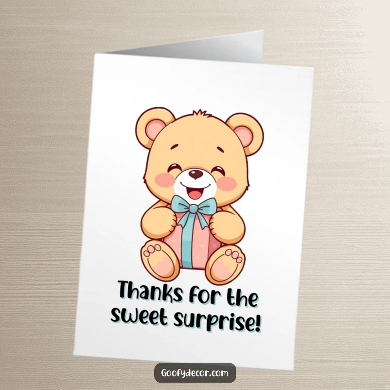 Funny Free Printable Thank You Card: Cute teddy bear happily unwrapping a gift, showing appreciation with delight.