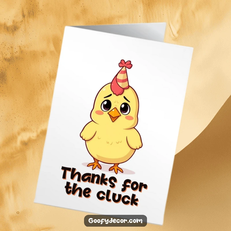 Funny Free Printable Thank You Card: A bewildered rubber chicken sporting a tiny party hat. Hilarious downloadable thank you note.