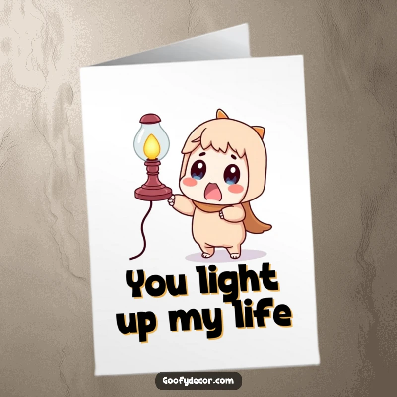 Funny Free Printable Thank You Card: surprised character holding a very wobbly lamp, expressing thanks with a touch of comedic chaos.