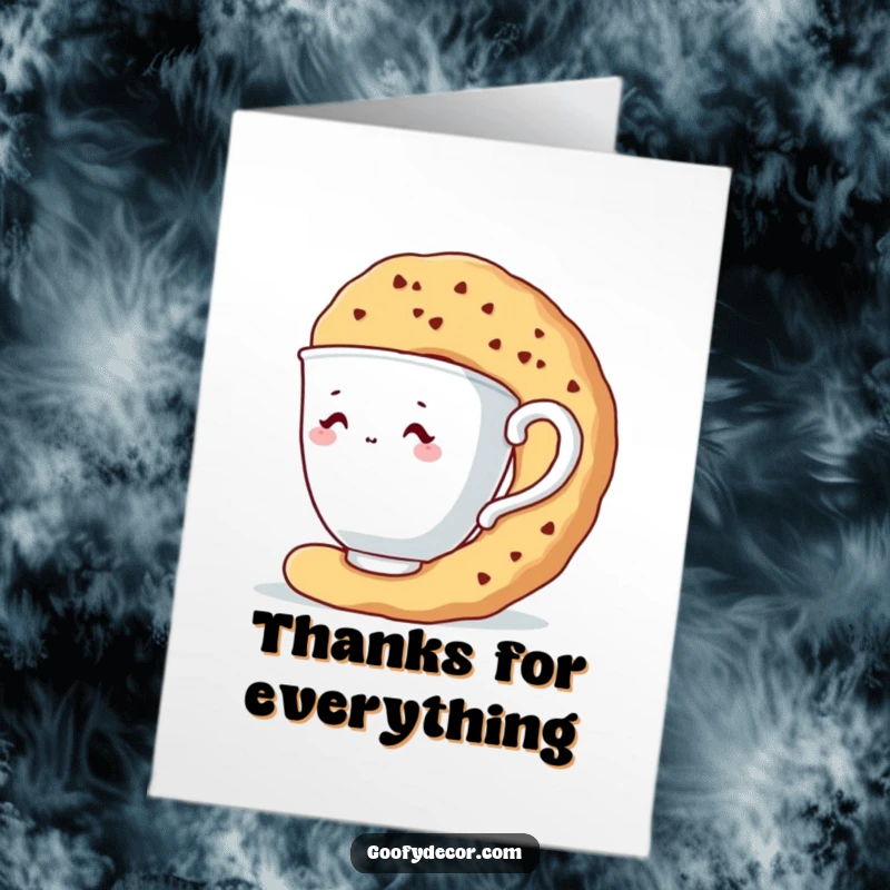 Funny Free Printable Thank You Card: Shy teacup character peeking from behind a giant biscuit. A sweet and downloadable thank you note.