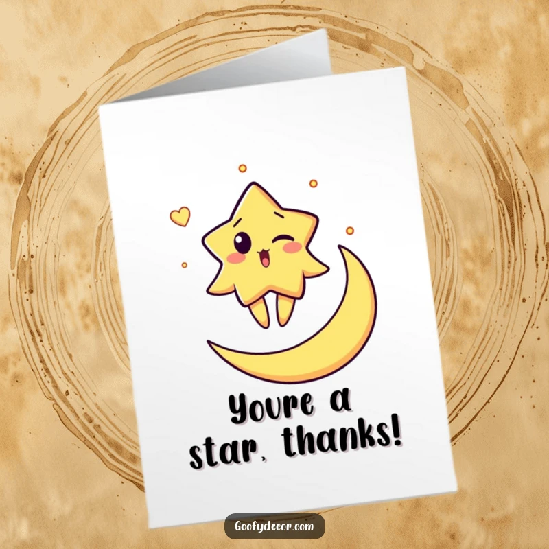 Funny free printable thank you card showing a surprised star winking while balancing on a crescent moon.