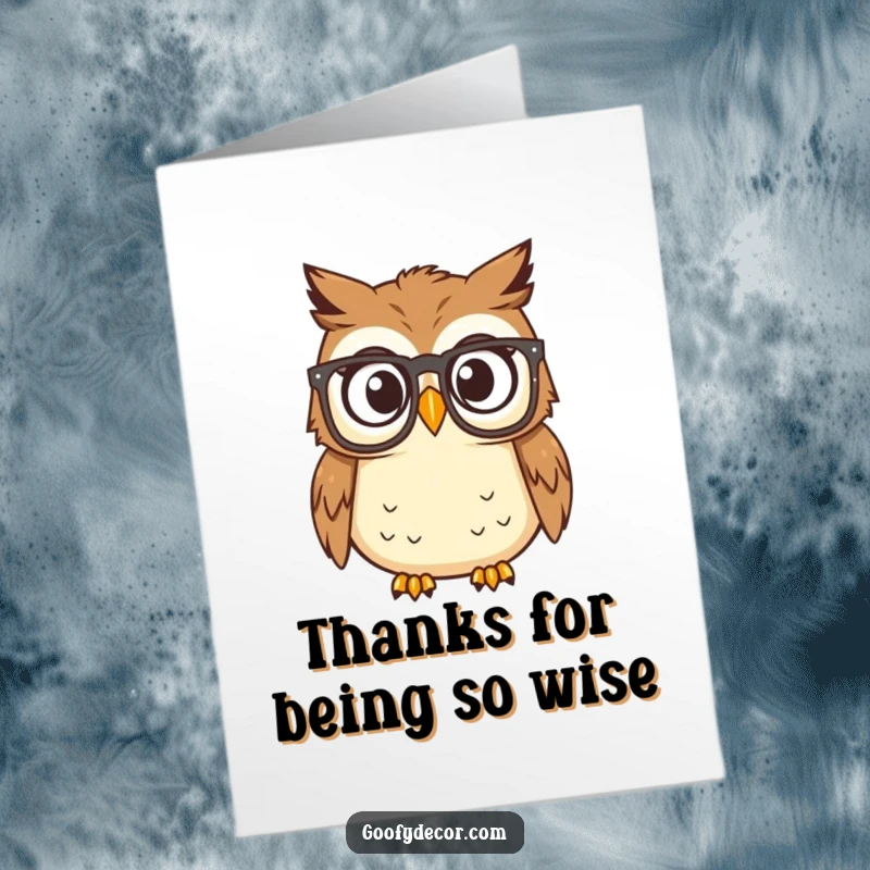 Funny free printable thank you card depicting an owl with reading glasses caught in a moment of surprise.