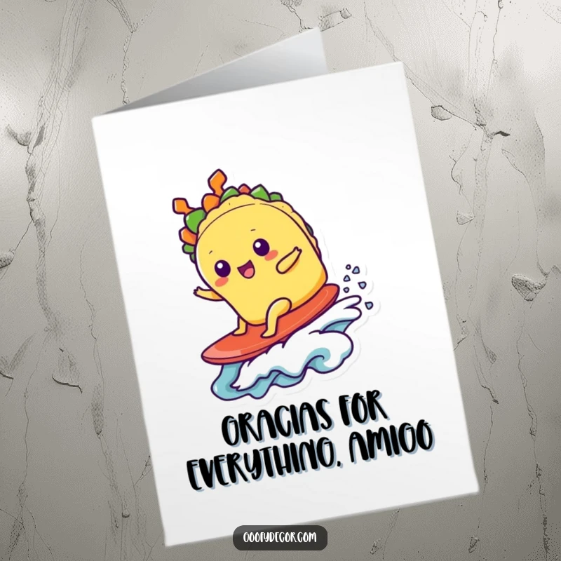 Funny Free Printable Thank You Card: A kawaii taco character happily surfing a wave, offering thanks with a big grin.