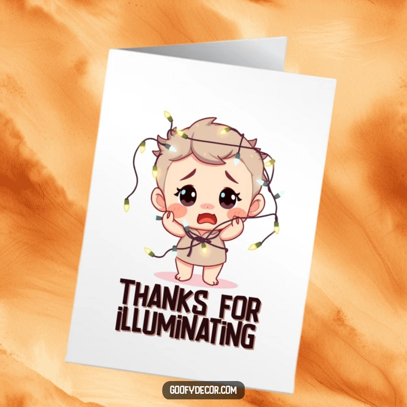 Funny Free Printable Thank You Card: Character happily tangled in fairy lights, a humorous DIY gift.