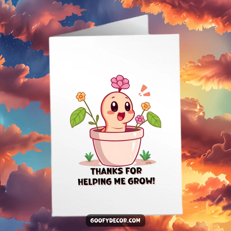 Funny Free Printable Thank You Card featuring a cheerful worm popping its head out of a flower pot with a gasp.