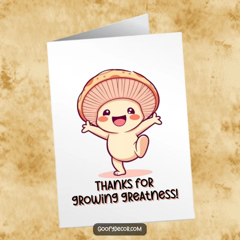 Funny free printable thank you card with a smiling mushroom character enthusiastically doing a cartwheel, conveying thanks.