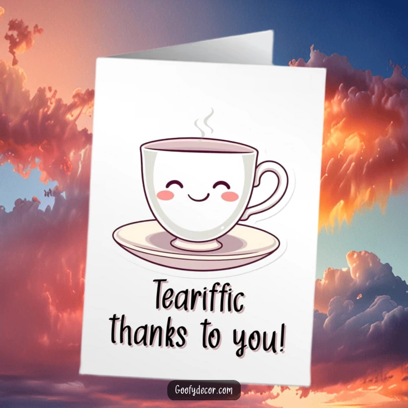 Funny free printable thank you card: A kawaii teacup with a joyful smile happily spinning on its saucer.