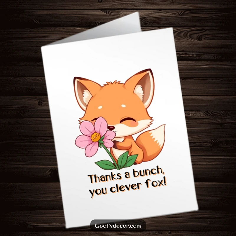 Funny Free Printable Thank You Card showcasing a mischievous fox peeking out from a flower, giving a charming wink.