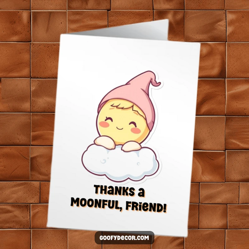 Funny Free Printable Thank You Card: A happy moon wearing a small sleeping cap peeks from behind a cloud.