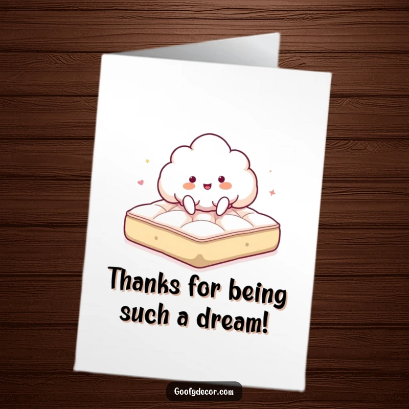 Funny Free Printable Thank You Card: Giddy cloud character bouncing softly, expressing gentle thanks, downloadable art.