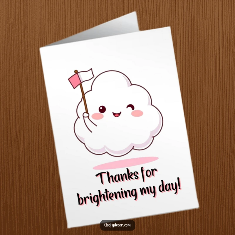Funny Free Printable Cloud Thank You Card: A smiling cloud character joyfully waves a tiny flag in thanks.