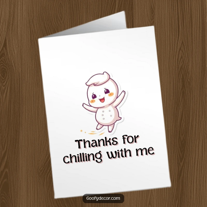 Funny Free Printable Thank You Card: Giggling snowflake character doing a happy twirl to show appreciation.