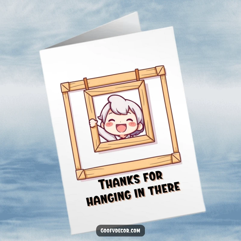 Funny Free Printable Thank You Card shows a character proudly displaying a hilariously crooked picture they just hung.
