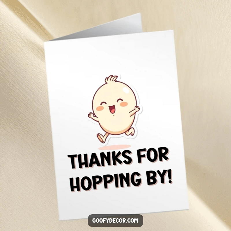 Funny Free Printable Thank You Card: A small, round character skipping enthusiastically to express gratitude.