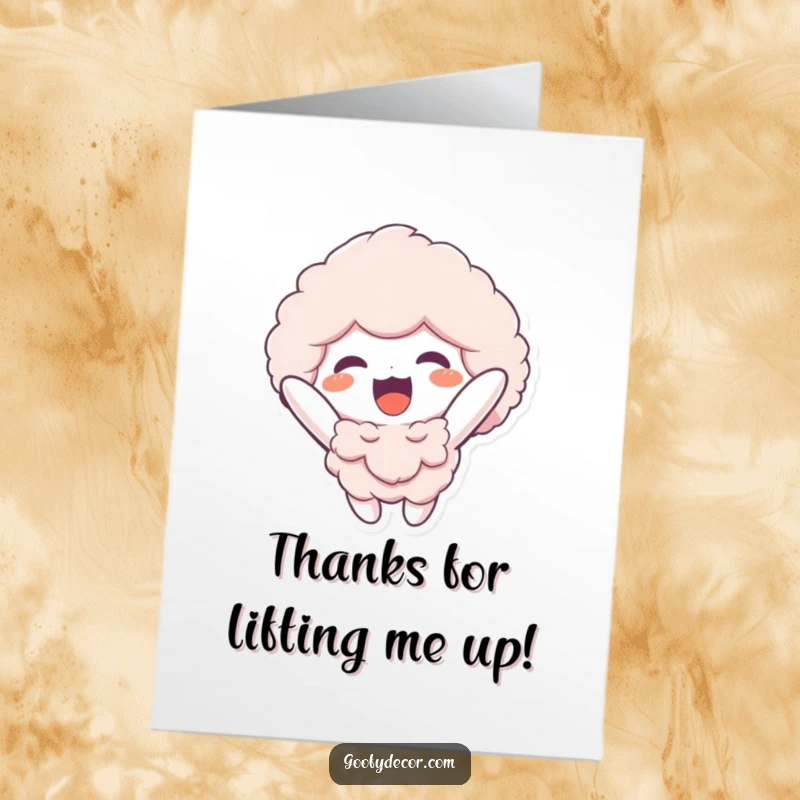 Funny Free Printable Thank You Card: A fluffy character cheerfully floating upwards, signifying deep appreciation.