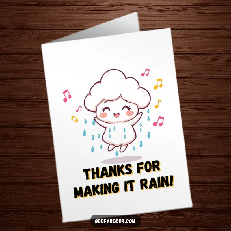 Joyful Free Printable Thank You Card: A dancing rain cloud character accompanied by musical notes expresses thanks.
