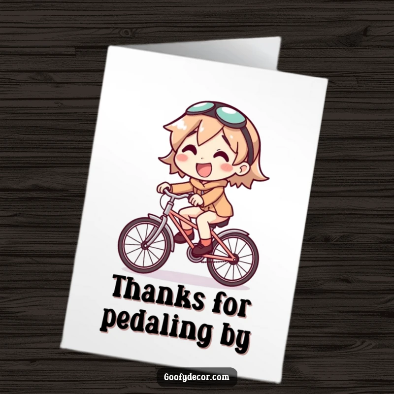 Funny Free Printable Thank You Card: Character happily rides a tiny bicycle, a humorous DIY gift.