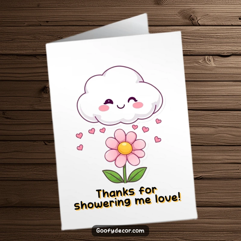Funny Free Printable Thank You Card: A smiling cloud playfully rains small hearts upon a very happy flower.