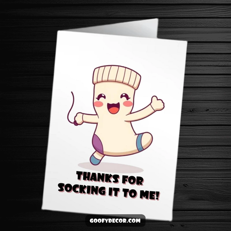 Funny Free Printable Thank You Card: A kawaii happy sock character dances joyfully with a dangly string, expressing thanks.