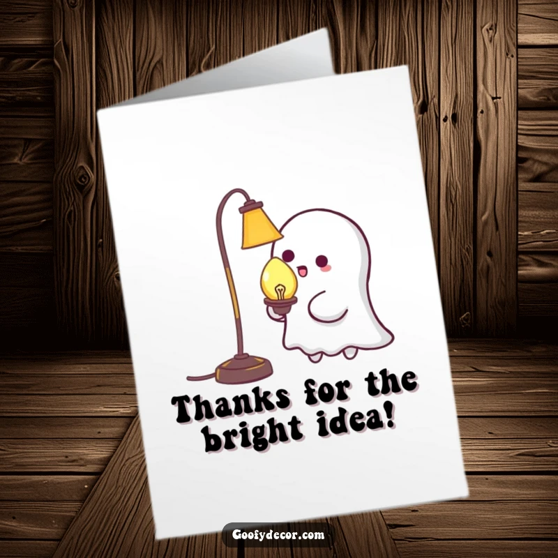 Funny Free Printable Thank You Card: Adorable kawaii ghost playfully tickles a lamp, expressing heartfelt thanks.