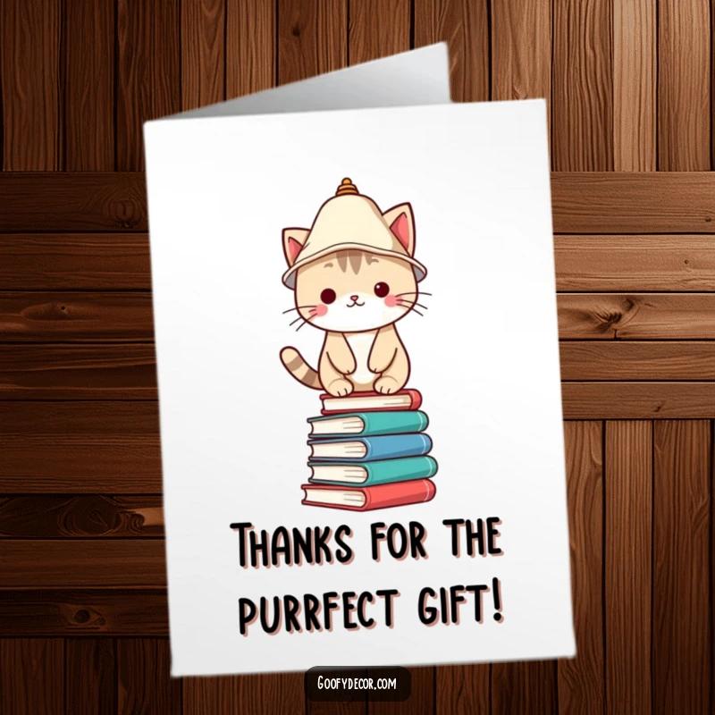 Funny Free Printable Thank You Card featuring a Kawaii cat wearing a lampshade hat, precariously balancing on a stack of books.