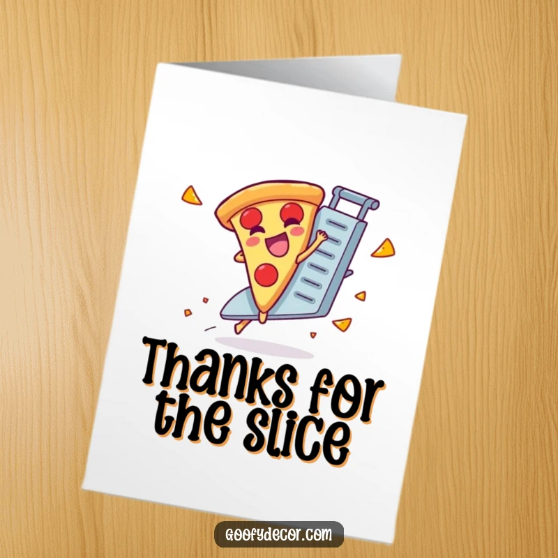 Funny Free Printable Thank You Card: Giggling pizza slice joyfully riding a runaway cheese grater. A wild, downloadable thank you.