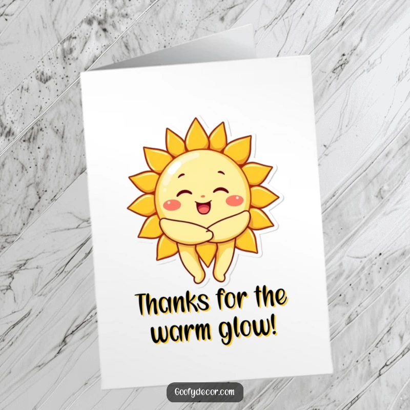 Funny free printable thank you card featuring a smiling sun character giving a big, comforting hug to express thanks.