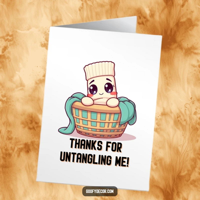 Funny Free Printable Sock Thank You Card: Adorable sock character expressing thanks from a comical laundry basket situation.