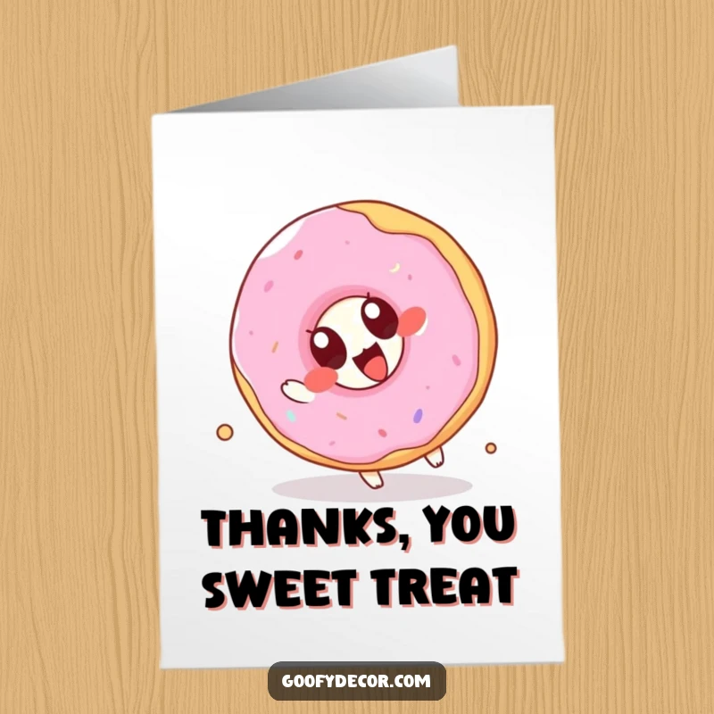 Funny Free Printable Thank You Card: Kawaii donut with big eyes attempts a somersault, sending thanks with a flourish.