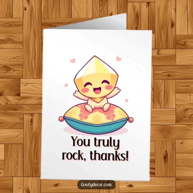 Funny Free Printable Thank You Card: Giggling gem character bouncing playfully on a cushion, a vibrant thank you.