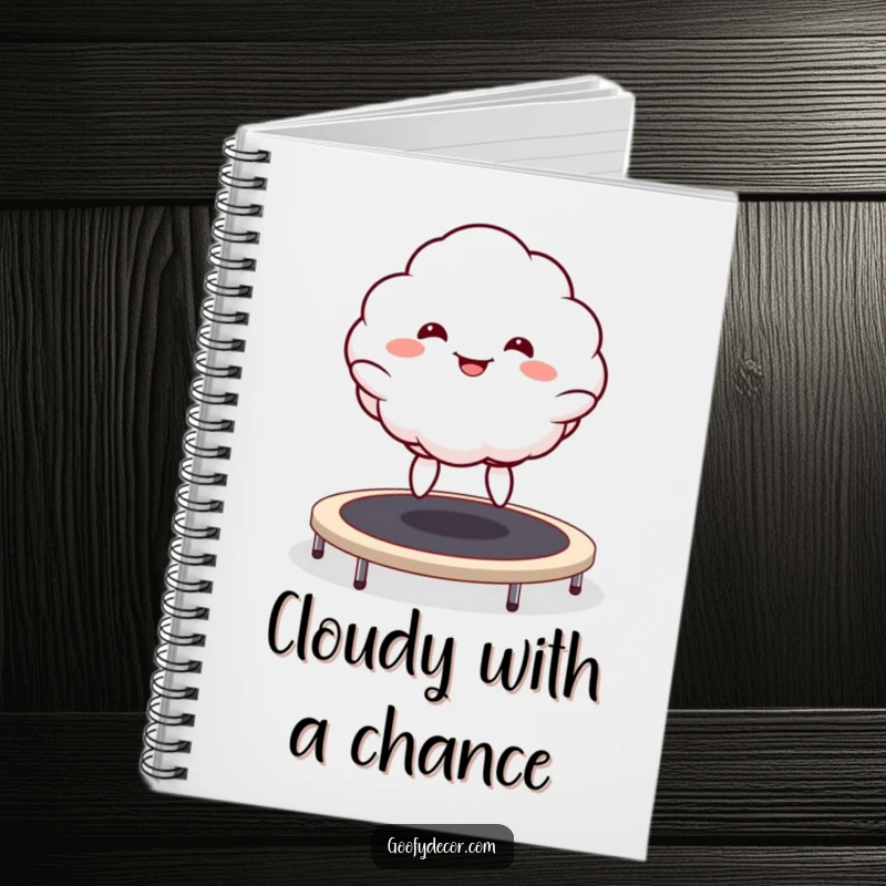 Funny Kawaii Cloud Notebook with a cover featuring a goofy grinning cloud character bouncing on a trampoline, inspiring joy and creativity.