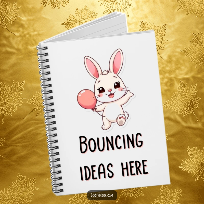 Funny Bunny Balloon Notebook: Features a smiling bunny happily bouncing a colorful balloon, ideal for journaling and note-taking.