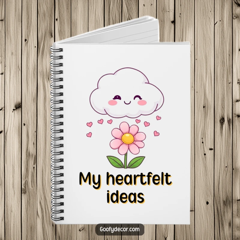Funny notebook cover art of a smiling cloud raining small hearts onto a happy flower.