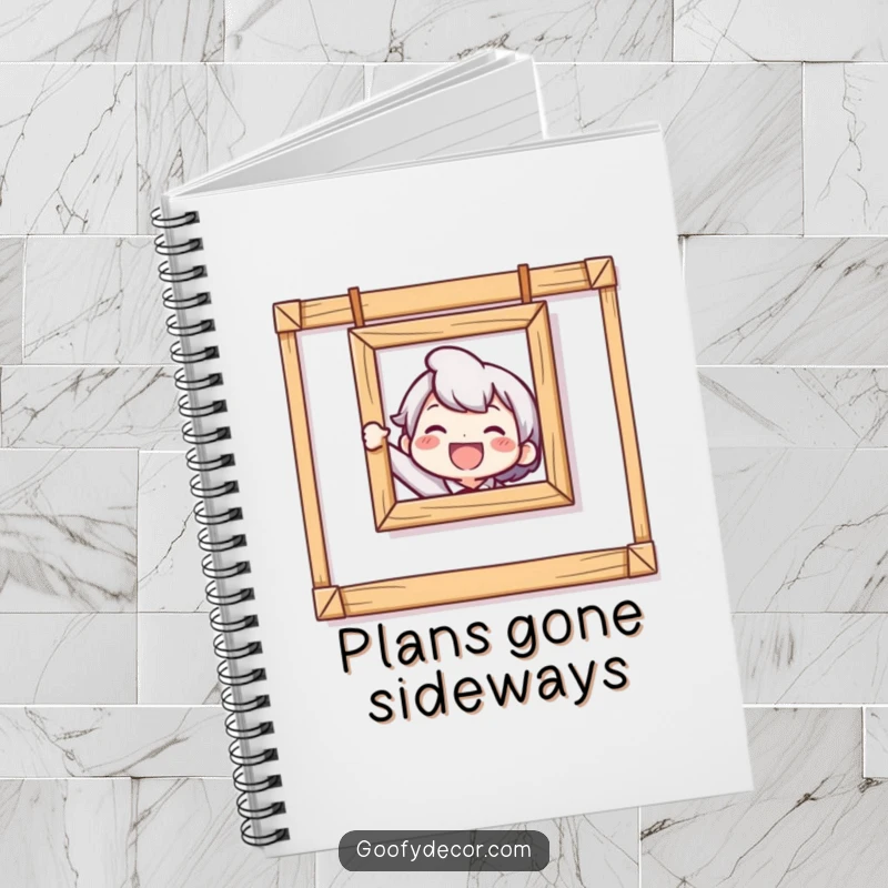 Funny Crooked Picture Notebook featuring a delighted character's attempt at hanging a picture, perfect for jotting down ideas.