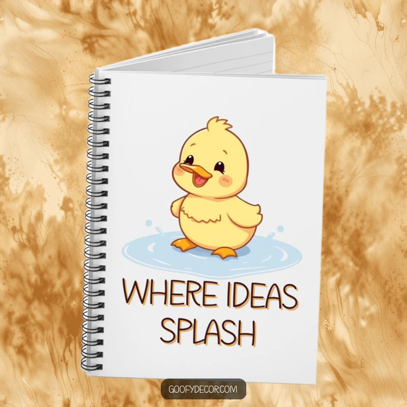 Funny duckling notebook featuring a happy duckling splashing in a puddle, perfect for notes and creative thoughts.