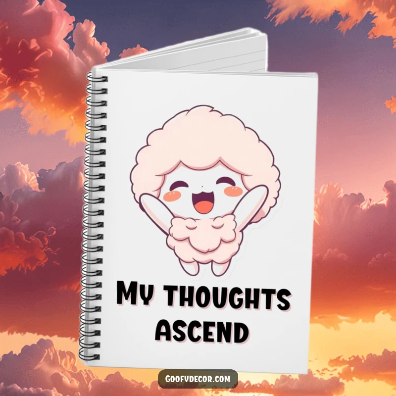 Funny notebook with a fluffy character floating upwards, inspiring users to jot down thoughts with lightness and infectious whimsical humor.