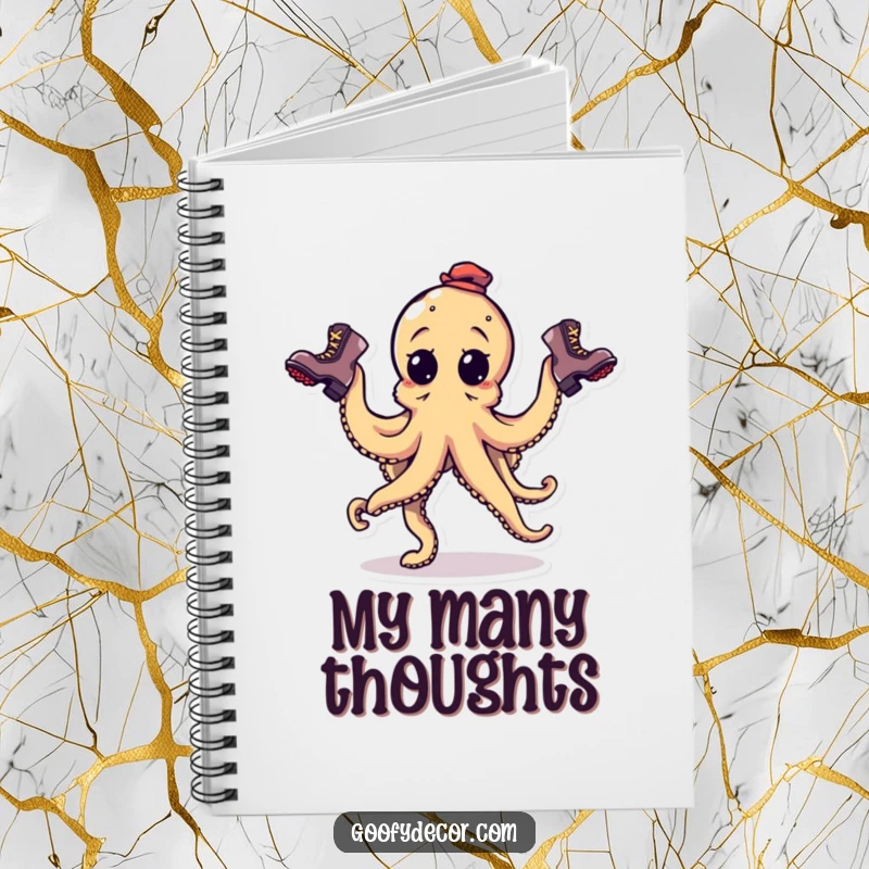 Funny goofy octopus character juggling three mismatched boots on a notebook cover, ideal for capturing ideas.