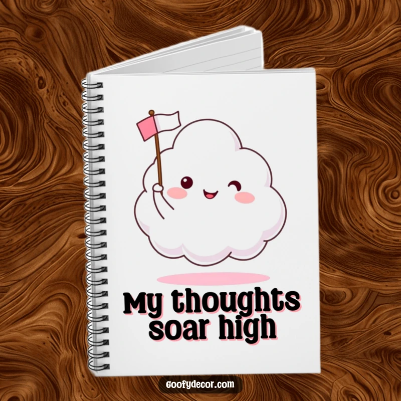 Funny notebook featuring a happy cloud character waving a tiny flag, encouraging joyful note-taking and creativity.