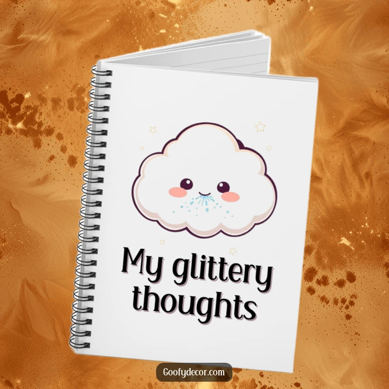 Funny notebook cover featuring a kawaii cloud character sneezing a magical shower of glitter, inspiring creative notes.