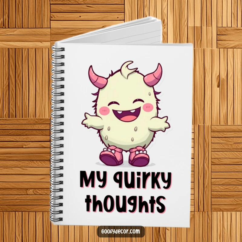 Funny notebook cover featuring a giggling kawaii monster with stylish, mismatched shoes, inspiring creative and joyful writing.